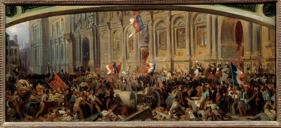 Rewolucja 1848: „”Alphonse de Lamartine (1790-1869), francuski pisarz i polityk, odrzuca czerwoną flagę w Ratuszu 25.02.1848.” Obraz Felixa Philippoteaux (ok. 1815-1884)
