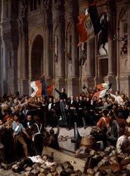 Rewolucja 1848 roku: Alphonse de Lamartine (1790 - 1869), odrzucający czerwoną flagę na rzecz trójkolorowej, w ratuszu. Paryż, 26 lutego 1848. Fragment obrazu Henri Félix Philippoteaux (1815 - 1884), Paryż, Musée du Petit Palais - Rewolucja 1848 roku