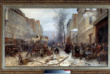 Miejsce bombardowania Paryża przez wojska pruskie w styczniu 1871 r. Wojna 1870-1871: oblężenie Paryża przez wojska pruskie. Obraz Henri Felix Philippoteaux (1815-1884). Ciemny. 0,46 x 0,81 m. 1871. Paryż, musee Carnavalet - „Scena bombardowania w Paryżu p