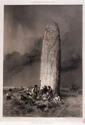 Chłopi wokół menhiru Kergadiou (Finistere) - w „”La Bretagne contemporaine””, il. Felix Benoist, wyd. Charpentier, Paryż