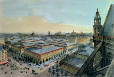 Widok na Les Halles w Paryżu z górnej galerii Saint-Eustache, około 1870-80