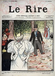 Okładka gazety „Le Rire”, nr 50, 10 października 1895 r.: W czasach Imperium mężczyzna, który odważył się podążać za kobietą przez dziesięć minut, nie rozmawiając z nią, miał klasę, moja córko! „” Rysunek Felixa Vallottona