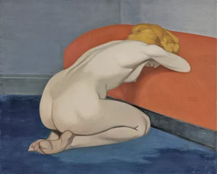 Naga kobieta klęcząca przed czerwoną sofą, 1915