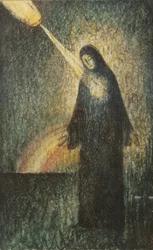Kobieta oświetlona tęczą (tusz i w/c na kalce kreślarskiej)
