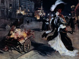 Belle Epoque: Kobieta w czaplach nocnych na paryskiej ulicy. Ilustracja Felixa Fournery
