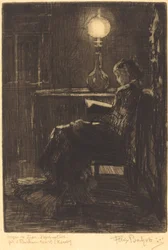 Kobieta czytająca przy świetle lampy, 1879.