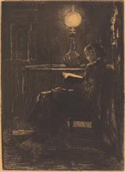 Kobieta czytająca przy świetle lampy, 1879.