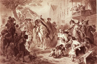 George Washington wjeżdżający do Nowego Jorku w 1783 r., rycina autorstwa Alexandra Hay Ritchie (1822-1895) (mezzotinta)