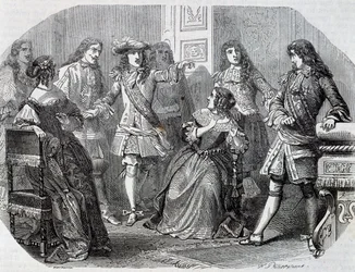 Aresztowanie nadinspektora finansów Nicolasa Fouqueta, rycina Henri Felixa Emmanuela Philippoteaux (1815-1884) z wicehrabiego Bragelonne, autorstwa Alexandre Dumasa (1802-1870)