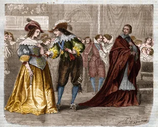 Serial rzymski: „Trzej muszkieterowie” Aleksandra Dumasa (1802-1870). Król Ludwik XIII (1601-1643) pod okiem kardynała Richelieu (1585-1642) przekazał dwie diamentowe fretki swojej żonie, królowej Annie (1601-1666). Ilustracja do rozdziału X