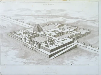 Pałac Chorsabad, widok historyczny od strony płd-wsch z fragmentem murów obronnych, ilustracja z "Ninwy i Asyrii" autorstwa Victora Place