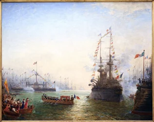 Toulon, wizyta prezydenta Emile Loubeta (1838-1929) w skrzydle francuskim i włoskim w kwietniu 1901 r. Obraz Felixa Ziema (1821-1911), olej na płótnie