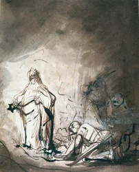 Saul i czarownica z Endor (pióro i tusz sprane na papierze)