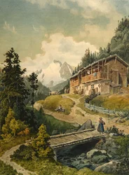 Alpejski krajobraz z mostem