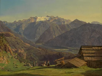 Widok na Dachstein z jeziorem Hallstatt z Hütteneckalpe koło Ischl