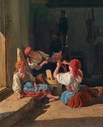Dzieci dekorujące kapelusz poborowych, 1854
