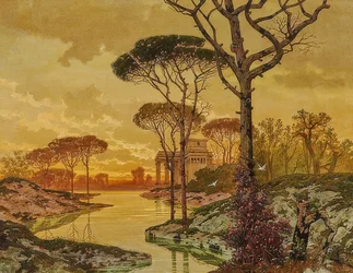 Wieczorny krajobraz nadrzeczny z zabytkową willą. 1901