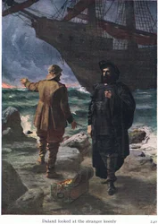 Daland uważnie przyglądał się nieznajomemu, ilustracja z The Stories of Wagners Operas pub. by George Harrap & Co Ltd 1932