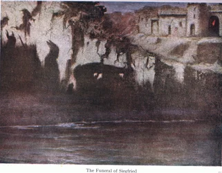 Pogrzeb Zygfryda, ilustracja z pubu The Stories of Wagners Operas. przez George Harrap & Co Ltd 1932
