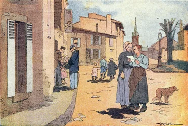 Listonosz, w książce obrazkowej z dzieciństwa, ok. 1900 r. (rycina)