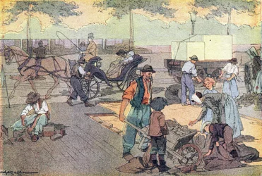 Drewniana nawierzchnia, w Obrazkowej księdze dzieciństwa, ok. 1900 r. (grawerunek)