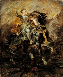 Clorinde interweniuje, by uratować Olinde i Sophronię Ilustracja przedstawiająca scenę „La Jerusalem delivree” Torquato Tasso (La gerusalemme liberata). Obraz Eugene Delacroix (1798-1863) XIX w. Słońce. 0,61x0,5m²