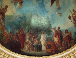 Zejście do Limbes: grupa znamienitych: od lewej do prawej, Demosten (siedzący), Ksenofont, Platon i Sokrates, Aspazja (biała), Apelle, Aleksander Wielki, siedzący Arystoteles i Achilles. Obraz Eugene Delacroix (1798-1863) zdobiący kopułę