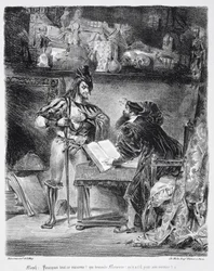 Pierwsze spotkanie Fausta z Mefistofelesem: „Po co cały ten hałas”, z Fausta Goethego, 1828, (ilustracja) (bw fotografia litografii)