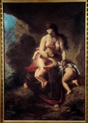Wściekła Medea. Medea morduje swoje dwoje dzieci w jaskini. Obraz Eugène