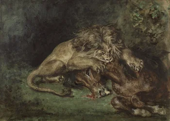 Lion dévorant un cheval (Lew pożerający konia), ok. 1930 r. 1844 (akwarela, bodycolor i guma arabska z grafitem na papierze, mocowana do deski)