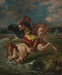 Marokański jeździec przechodzący przez bród, ok. 1850 (olej na płótnie)