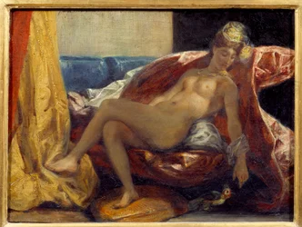 Kobieta rzeźbi papuga. Obraz Eugene Delacroix (1798-1863)