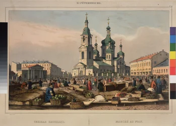 Targ Siano i Sobór Wniebowzięcia Matki Boskiej w Sankt Petersburgu. Praca Ferdinanda Victora Perrota (1808-1841), litografia i akwarela na papierze