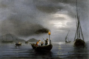 Nocne wędkowanie przy lampie wędkarskiej, litografia kolorowa Ferdinanda Perrota (1808-1841)