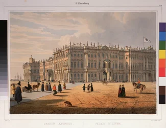 Widok na Pałac Zimowy w Sankt Petersburgu. Praca Ferdinanda Victora Perrota (1808-1841), litografia i akwarela na papierze
