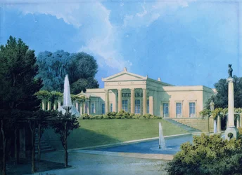 Widok Charlottenhof z ogrodu, 1855 (pióro i atrament i toaleta na papierze)
