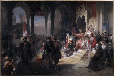 Amedeo VIII Pacyfiku (Amedeo VIII il pacifico) (1383-1451) był koronowanym księciem Sabaudii przez cesarza Zygmunta I Świętego Cesarstwa w dniu 19.02.1416 podczas jego wizyty w Chambery Malarstwo Ferdinando Cavalleriego (1794-1865) Zamek ( Castello) di Agl