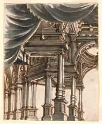 Scenografia: Atrium pałacowe wsparte na kolumnach i filarach
