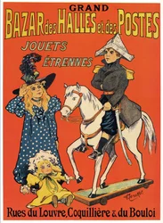 Plakat reklamowy Grand Bazaar des Halles et des Posts: Sklep z zabawkami i grami (Mały drewniany Napoleon, czarownica i lalka) Ilustracja Fernand Fernel (Cerckel) (1872-1934) 1899 r.