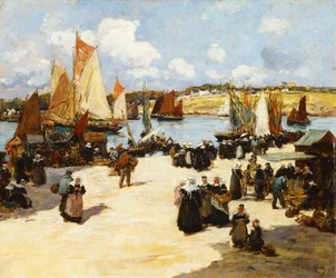 Zajęta scena portowa,
