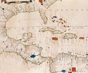 Portulan: Mapa geograficzna z nazwą linii brzegowej Kuby, Florydy, Ameryki Środkowej i Północnej Ameryki Łacińskiej, Atlas hydrograficzny Fernao Vaza Dourado (XVI wiek)