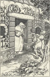 Dwoje dzieci w marcepanowym domku w lesie. Ilustracja F. Scarpelliego do baśni Jaś i Małgosia na podstawie zbioru braci Grimm. Królewna Śnieżka i inne baśnie, Florencja