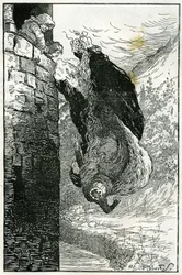 Bajka: "Wyrzucili ją przez okno prosto do rzeki". Ilustracja autorstwa Filiberto Scarpelli do baśni "Les petits nains du bois" (Trzej młodzieńcy w lesie) ze zbioru braci Grimm "Królewna Śnieżka i inne baśnie".