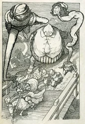 Baśnie: książę wjeżdża do miasta, a za nim jego słudzy. Ilustracja autorstwa Filiberto Scarpelli do baśni "Słudzy i książę" ze zbioru braci Grimm "Królewna Śnieżka i inne baśnie".