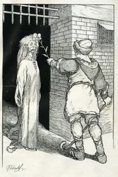 "Najpierw dotknął staruszki, która pozostała oniemiała". Ilustracja autorstwa Filiberto Scarpelli do opowiadania "Bonsoir Ezechiel" ze zbioru baśni braci Jacoba i Wilhelma Grimm "Królewna Śnieżka i inne baśnie".