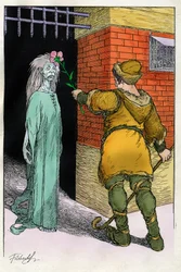 Ilustracja autorstwa Filiberto Scarpelli (1870-1933) do bajki "" Buona sera Ezzechiello "" (Dobry wieczór Ezekiel) ze zbioru baśni braci Grimm "Królewna Śnieżka i inne baśnie" około 1920 roku.