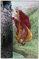 Ilustracja autorstwa Filiberto Scarpelli (1870-1933) do bajki "I Nanini del Bosco" (Krasnoludki w lesie) ze zbioru baśni braci Grimm "Królewna Śnieżka i inne baśnie" około 1920 roku.