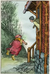 Ilustracja autorstwa Filiberto Scarpelli (1870-1933) do bajki "Toniotta la stolta" (Toniotta la foolta) ze zbioru baśni braci Grimm "Królewna Śnieżka i inne baśnie" około 1920 roku.