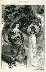 Ilustracja Filiberto Scarpelliego do baśni "Królewna Śnieżka" ze zbioru baśni braci Jacoba i Wilhelma Grimmów "Królewna Śnieżka i inne baśnie".