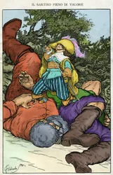 "Preparons la comedie dit - il" . Ilustracja autorstwa Filiberto Scarpelli do baśni "Dzielna krawcowa" ze zbioru baśni braci Jacoba i Wilhelma Grimm "Królewna Śnieżka i inne baśnie".